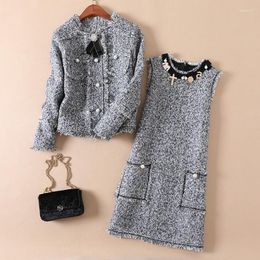 Casual Dresses NIWIY Brand Dress Sweet Diamonds Bead Pink Robe Hiver 2023 Autumn Tweed Woollen Women Vestidos Femme Jurken K808