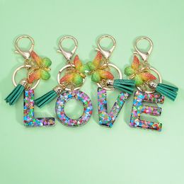 A-Z Heart Sequins Letter Keychain With Green Tassel Fashion Women Purse Charms 26 Initials Butterfly Pendant Keyring