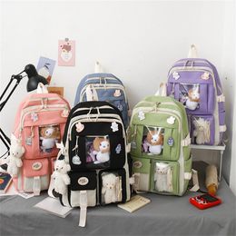 School Bags 5 Pcs Girls Backpack Pen Holder Pencil Drawstring Bag Wallet Card Holder Student Schoolbag Double Shoulder Bag Book Pencil Case 230810