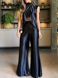 Women s Suits Blazers Drauuing 2 Pieces Set Sleeveless Tank Split Hem Top And Wide Leg Pants Outfits Silk Pant Matching 230809