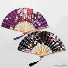 Chinese Style Products Vintage Japanese Folding Fans Bamboo Handles Silk Dance Hand Fan Fashion Decorative Tassel Chinese Folding Fans Art Craft Gift R230810