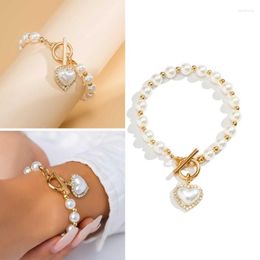 Link Bracelets Vintage Artificial Pearl Beaded Strand Heart Charm OT Clasp Women Bangle Jewelry Party Lady T8DE