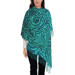 Scarves Turquoise Embossed Tooled Leather Floral Scrollwork Design Scarf Wrap For Women Long Winter Warm Tassel Shawl Unisex