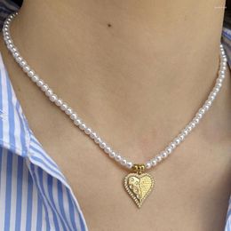 Pendant Necklaces Splicing Heart Hand Carving Zircon Edging Imitation Pearl Necklace For Women Collar Stainless Steel Clasp Handmade