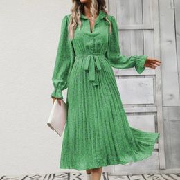 Casual Dresses Spring Autumn Folding Versatile Long Sleeve Large Swing Lace Up Dress Women Elegant Party Club Office Lady Formal Clothing