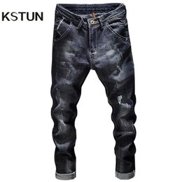 Mens Jeans KSTUN Ripped Men Dark Blue Stretch Slim Fit Distressed Streetwear Denim Pants Casual Retro Biker Man Trousers Hiphop 230810