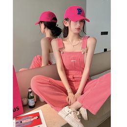 Women's Jumpsuits Rompers Vintage Cotton Elegant Pink Denim Jumpsuit Women Sleeveless Fashion Hipster Casual High Street Wide Leg Overalls Outfits Romper 230809