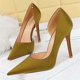 Dress Shoes Fashion Women 10.5cm High Heels Green Pumps Lady Plus Size 34-43 Wedding Bridal Super Silk Satin Nightclub