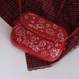 Evening Bags MBTI Cute Graffiti Womens Shoulder Bag Vintage Red Cartoon Hand-painted Saddle Pu Leather Original Brand Kawaii Handbag Sac