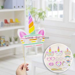 10pcs/Pack Unicorn Pink Theme Birthday Party Handheld Paper Photo Prop Self Photo Group Rainbow Labia Rubra Pentagram Love Mask HKD230810