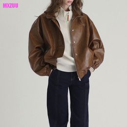 Womens Leather Faux Women Cow Coat Bomber Jacket Spring Autumn American Vintage Brown Waxy Pilot Jackets Oversize Roupas Femininas 230809