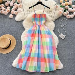 Casual Dresses Summer Backless Slip Plaid Midi Women's Dress Elegant Sexy Korean Fashion Woman Clothing Luxury Vintage Party Y2k Womens