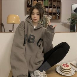 Women's Hoodies Women Dark Grey Sweatshirt Letter Printing Hooded Korean Fashion Lazy Wind Baggy Thicken Long Sleeves Pullover Tops Winter