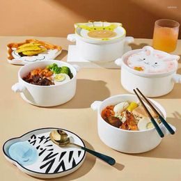 Bowls Creative Home Cartoon Cute Covered Hand-painted Ceramic Bowl Animal Ramen Instant Noodle Tableware Set Gift