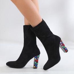 Boots 2023 Black Women Ankle High Heels Short Socks Boot Flock Heel Female Sexy British Style Booties Spring Big Size 230810