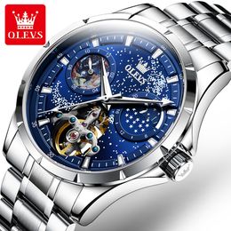Wristwatches OLEVS Men's Wristwatch Top Brand Automatic Mechanical Watch for Man Stainless Steel Deep Waterproof Moon Phase Starry Dial 230809