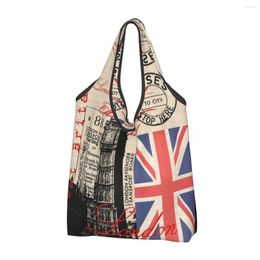 Shopping Bags Retro Vintage London Groceries Bag Funny Shopper Tote Shoulder Big Capacity Portable UK British Flag Handbag