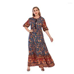 Plus Size Dresses Elegant Vintage Retro Print Maxi Dress For Women Puff Sleeve O-Neck Casual Loose Pleated Vestidos Summer FC287