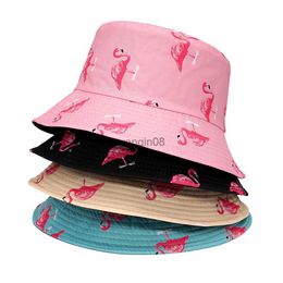 Wide Brim Hats Bucket Hats Unisex 4 Color Printing Flamingo Bucket Hat For Men Women Holiday Wind Shade Beach Outdoor Foldable Panama Fisherman Cap F199 HKD230810