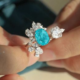 Band Rings 2022 NEW Fashion Natural Paraiba Sapphire Adjustable Opening Couple Ring For Women Hollow Out Full Of Diamonds Weddding Jewelry
