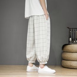 Mens Pants MrGB Cotton Hemp Drawstring Harem Baggy Chinese Style Trend Checker Casual Pant Male Summer Streetwear 230810