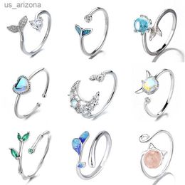 New Fashion Whale Tale Mermaid Blue Green Leaf Silver Colour Finger Rings Stackable Moon Stone For Women Jewellery Gift Dropship L230620
