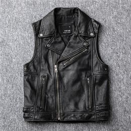 Men's Vests High Quality Vest Motorcycle Biker Real Leather Mens Genuine Vintage Sleeveless Jackets Cowhide Waistcoat Punk Zipper Lapel