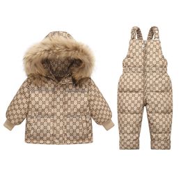 Clothing Sets 2023 Winter 2 3 4 Years Baby Kids Thick Fur Hooded Jacket Overalls Suit 2Pcs Duck Down Set for Girls Boys 230810