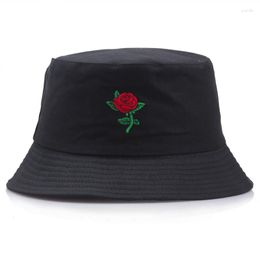 Berets Fashion Wild Rose Flower Embroidery Fisherman Hat Women Tide Outdoor Sun Bucket Hats Panama For Valentine's Day Gifts YD078