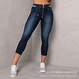 Women's Jeans Wepbel Striped Skinny Women Stitching Drawstring Tight Hip Raise Pencil Denim Pants Ankle-Length Trousers