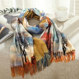 Scarves Fashion 3D Oil Painting Cashmere Scarf Women Winter Warm Van Gogh Painting Tassel Scarves Designer Luxury Long Print Wraps Shawl 230810