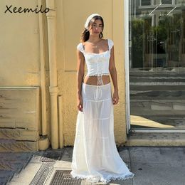 Basic Casual Dresses Xeemilo Elegant Lace Patchwork Bandage Tank Top With Low waist Draw string Long Skirts Summer French Gentle Women 2 Piece Sets 230809