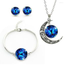 Necklace Earrings Set Romantic Beautiful Blue Butterfly Art Picture Glass Cabochon Stud Bracelet Jewelry For Wedding JS133