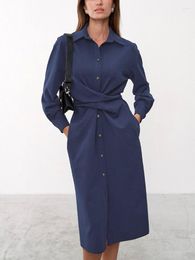 Casual Dresses Women Shirt Fashion Office Work Lady Buttons Lapel Dress Solid Color Long Sleeve Slit Hem Midi Bandage Vestidos