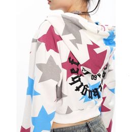 Womens Jackets Y2k Printed Star Women Jacket American Girl Double Zipper Short Sweater Hooded Coat Harajuku Sweatshirt Zip Hoodie Top 230810