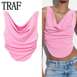 Women's Blouses Shirts TRAF Pink Crop Top Women Ruched Tank Tops Y2k Streetwear Sleeveless Sexy Tops Woman Fashion Asymmetric Summer White Top 230810