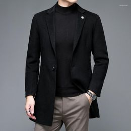 Men's Suits Autumn Winter Wear Cashmere Material Soft Warm Blue Black Simple Pocket Design Single Button Open Lapel Cut Blazer Outfits