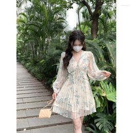 Casual Dresses Super Fairy Chiffon Floral Dress Women's Spring 2023 French Style Lantern Sleeve Slim A-line Fashion Female Clothes