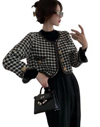 New design women's o-neck houndstooth plaid grid long sleeve high waist short Woollen tweed jacket SMLXL