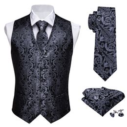 Men's Vests Designer Mens Classic Black Paisley Jacquard Folral Silk Waistcoat Vests Handkerchief Tie Vest Suit Pocket Square Set Barry.Wang 230809