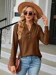 Women's Blouses Long Sleeve Shirts For Women 2023 Autumn Winter Jacquard Fabric Tops Simple Solid Colour V Neck Shirt Loose Casual Wears