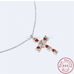 Pendant Necklaces Simple Ruby Diamond Cross Pendant Real 925 Sterling Silver Party Wedding Pendants Necklace For Women men moissanite Jewelry Gift