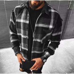 Men's Casual Shirts Autumn Winter Men Shirt 2023 Vintage Fashion Long Sleeve Turn Down Collar Button Wool Plaid T-shirt Blouse Y2K Clothes