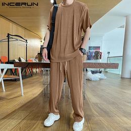 Men's Tracksuits Men Sets Solid Colour Folds Short Sleeve T Shirt Drawstring Pants Two Pieces Streetwear Korean Men Casual Suits INCERUN 7 230810