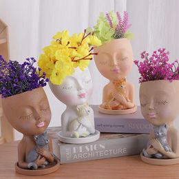 Vases Girls Face Head Figurine Flower Pot Resin Desktop Vase Arrangement Planter Crafts Home Tabletop Decorative Ornaments 230810