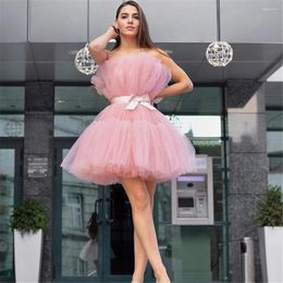 Party Dresses Sexy Pink Tulle A Line Short Homecoming Pleats Sleeveless Bow Belt Graduation Cocktail Formal Prom Gown