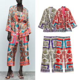 Womens Two Piece Pants TRAF clothing 2pc set Summer Satin Printed Kimono coat Top Chic Office Lady Straight High Waist Trousers 230810
