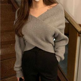 Women's Sweaters 2021 Spring Fashion V-Neck Cross Women's Sweater Jumper Street Clothing Loose Knit Autumn Solid Women's Knit Pull Cord Z230810