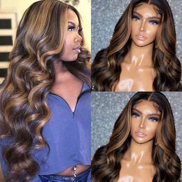 13x4 Body Wave Lace Wig Synthetic Omber Blonde Highlight Middle T Part Red Highlight Lace Wig Heat Resistant Fiber for Woman
