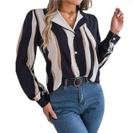 Women's Blouses Chic Vintage Contrast Stripe Printing Button Up Women Shirt Notched Neck Long Sleeve Lady Blouse 2023 Autumn Loose Female